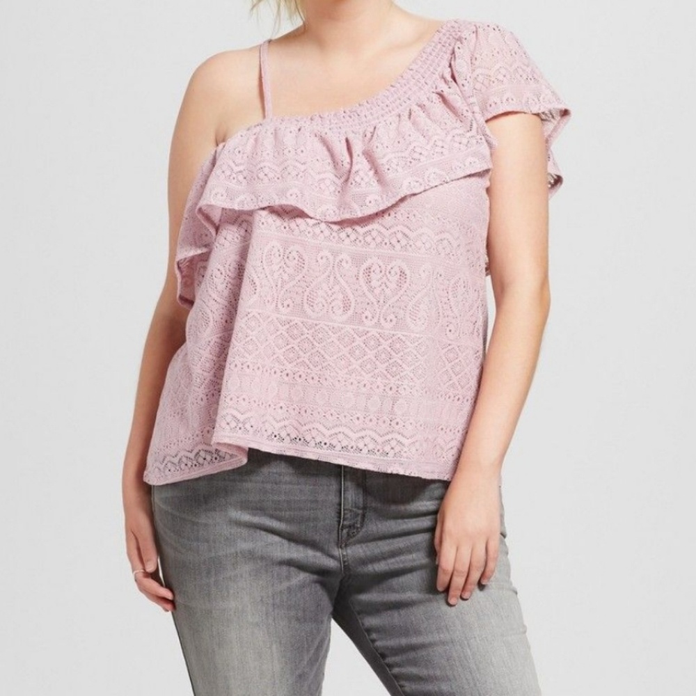 Lace ruffle one shoulder top